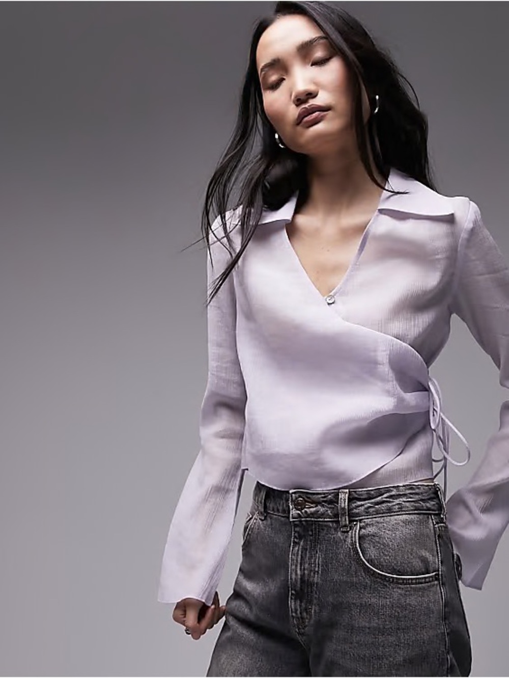 Topshop romantic sheer cropped button front wrap top in lilac